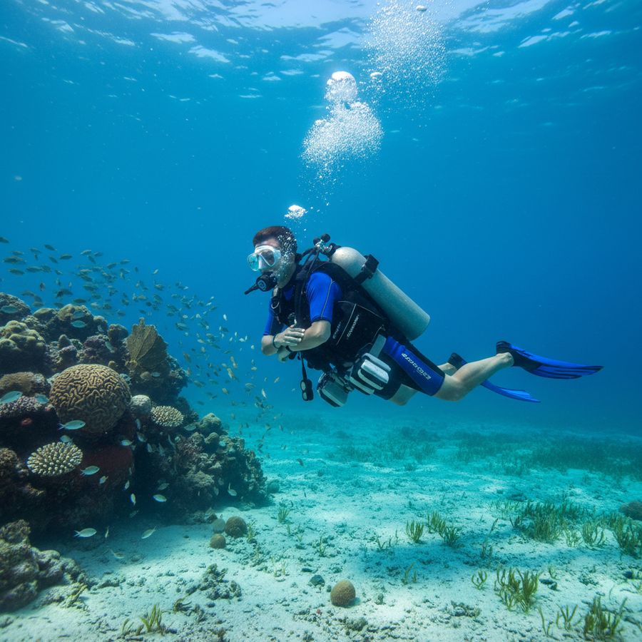 Scuba diver using trim weights to maintain a stable horizontal position