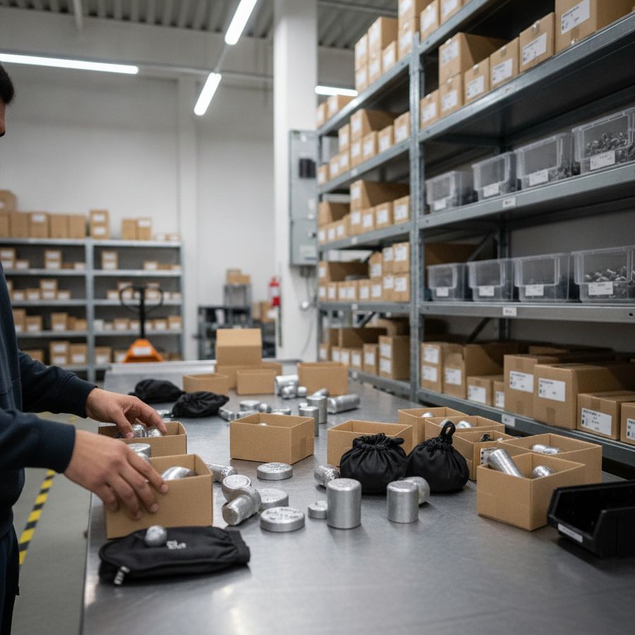 Staff packing a small mixed order of diving weights in a bright warehouse with neat shelves.