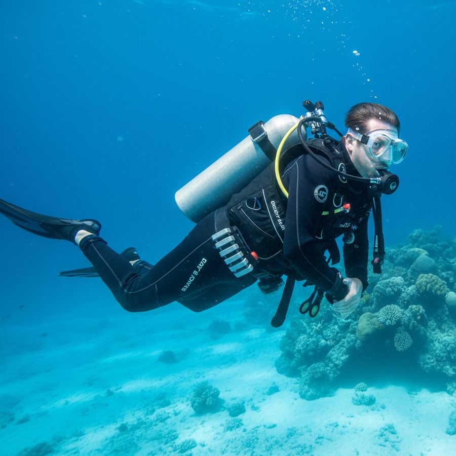 Sidemount diver showing balanced trim with compact hard weights placed on the harness