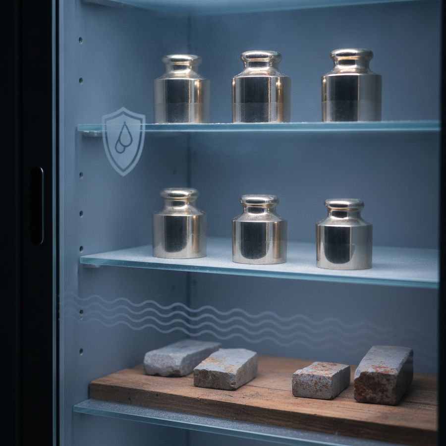 Organized storage of plated dive weights in dry bins to reduce corrosion and stains