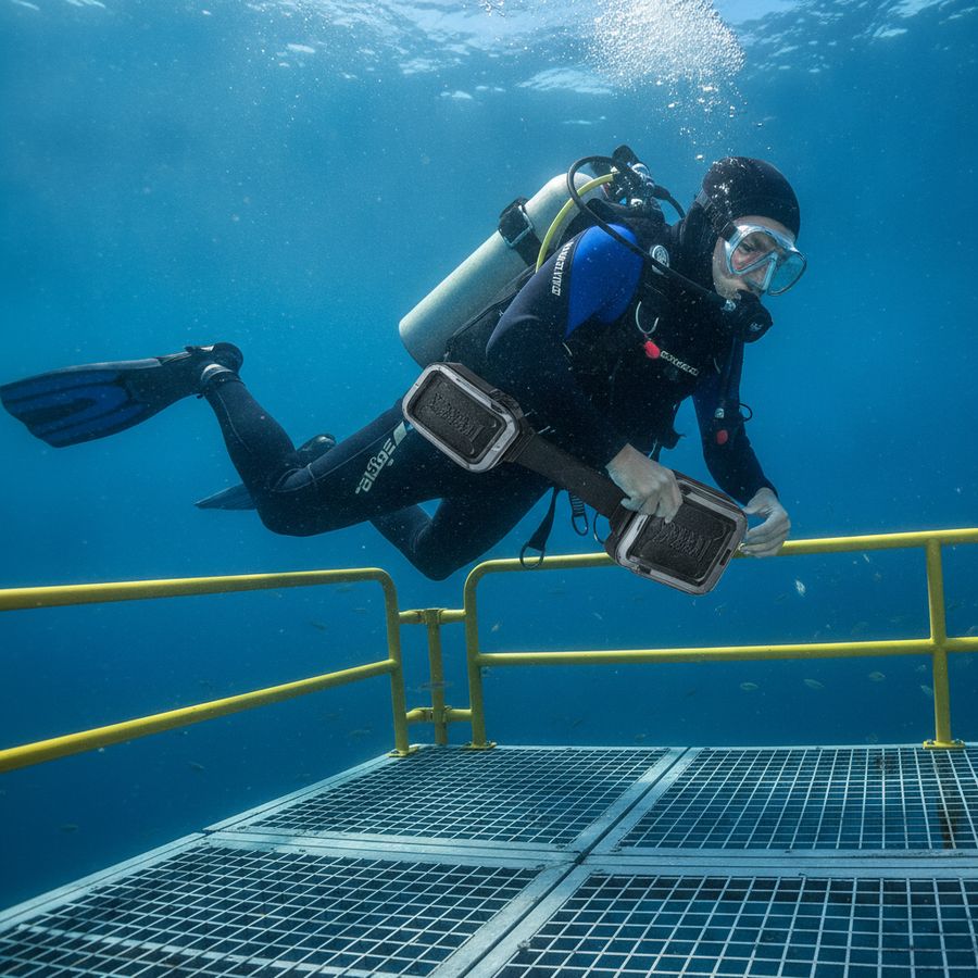 A diver adjusts compact lead weights underwater while hovering steadily near a training platform in bright clear water.
