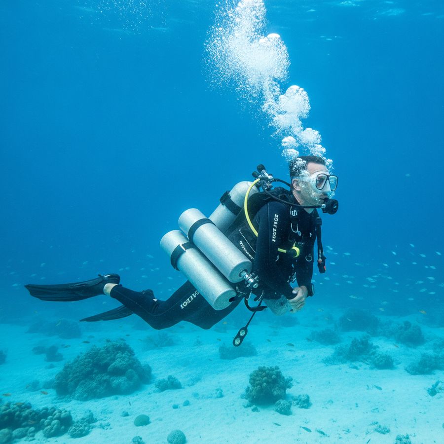 Sidemount diver underwater with compact weights secured to the harness in clear blue water.