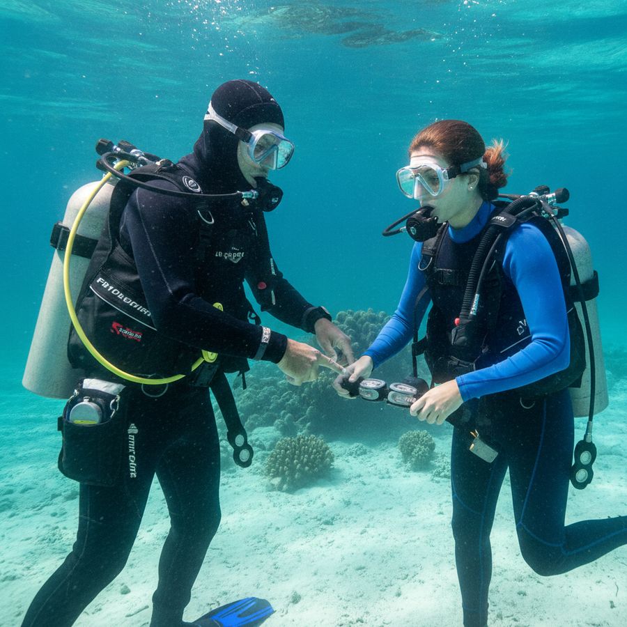 In ondiep water bekijkt een instructeur de loodverdeling van twee duikers met verschillende pakken.