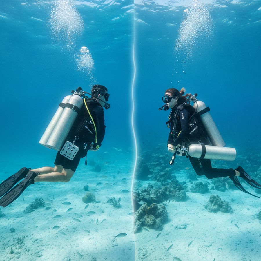 Twee duikers onder water met backmount en sidemount set in heldere, goed verlichte omgeving.