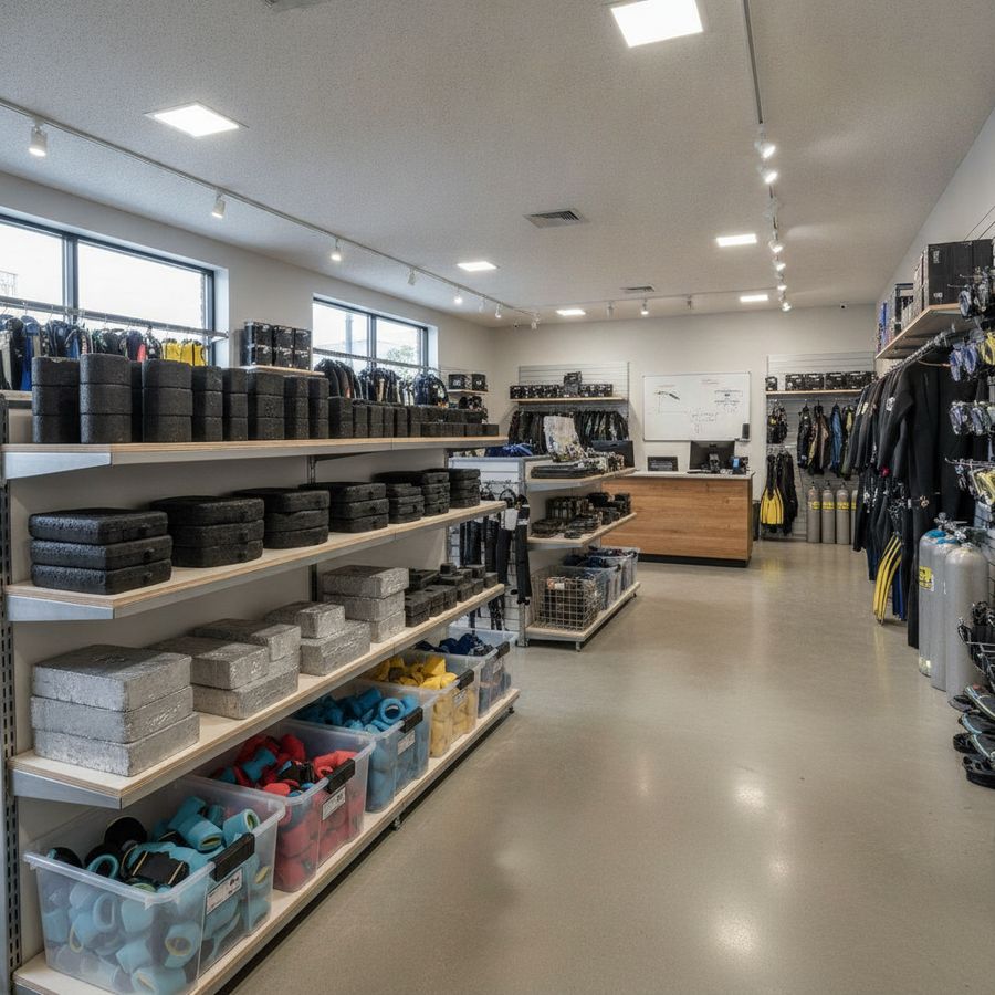 Ordentlich sortierte Gewichte in einem hellen Tauchshop mit Regalen und Lagerboxen ohne Personen.