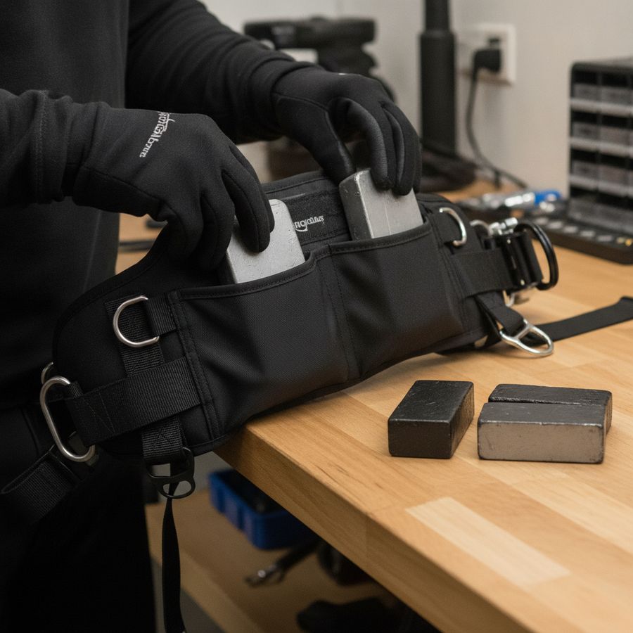 Gloved hands place compact soft lead pouches into a sidemount harness beside small coated weight blocks.