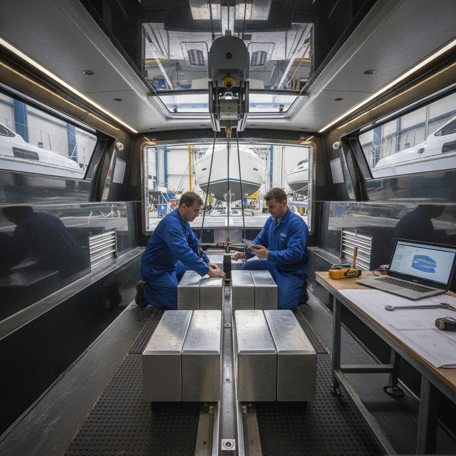Técnicos colocan bloques modulares en el casco interior de un yate con herramientas de medición en un entorno limpio.