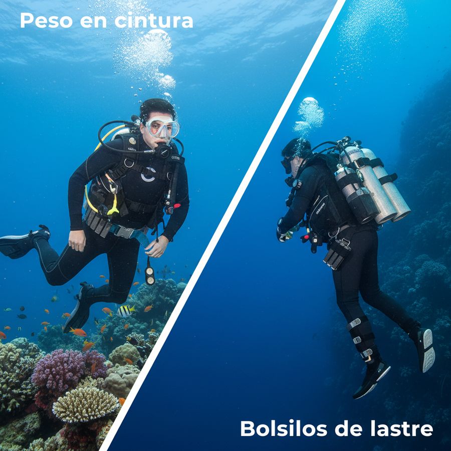 Distribución de peso en buceo: recreativo vs técnico