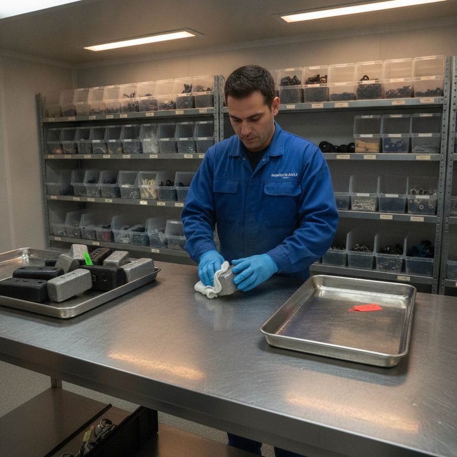 Employé ganté manipulant des lests sur un établi propre avec bacs de tri et chiffon humide.