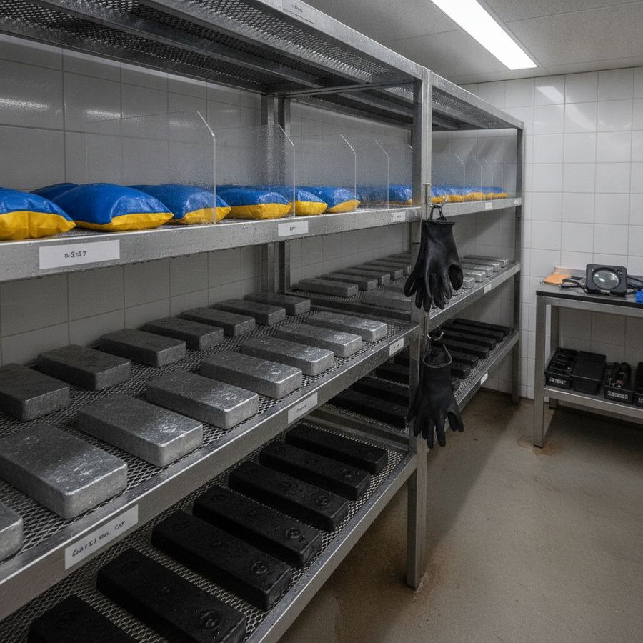 Saubere Gewichte in Schalen, daneben Handschuhe und Pflegezubehör in einem hellen Wartungsbereich.