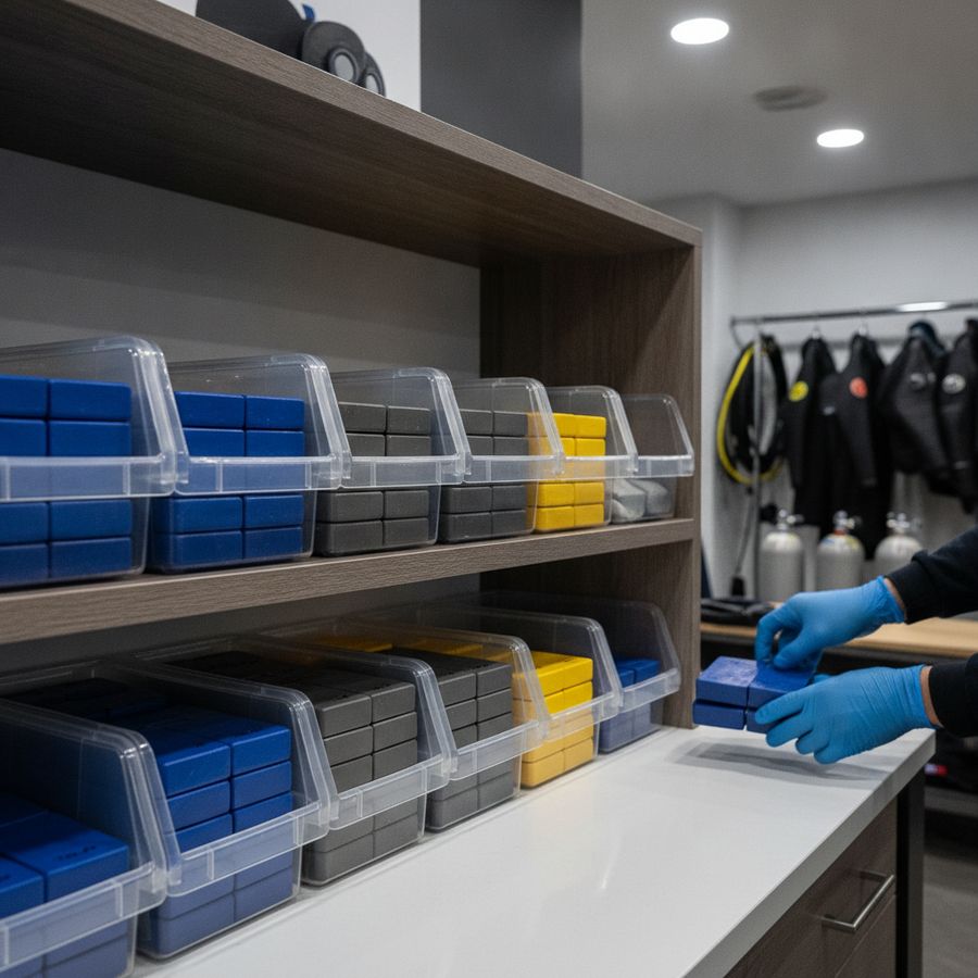 Ordentlich gestapelte Gewichte in sauberen Boxen, eine behandschuhte Hand sortiert sie im Regal.