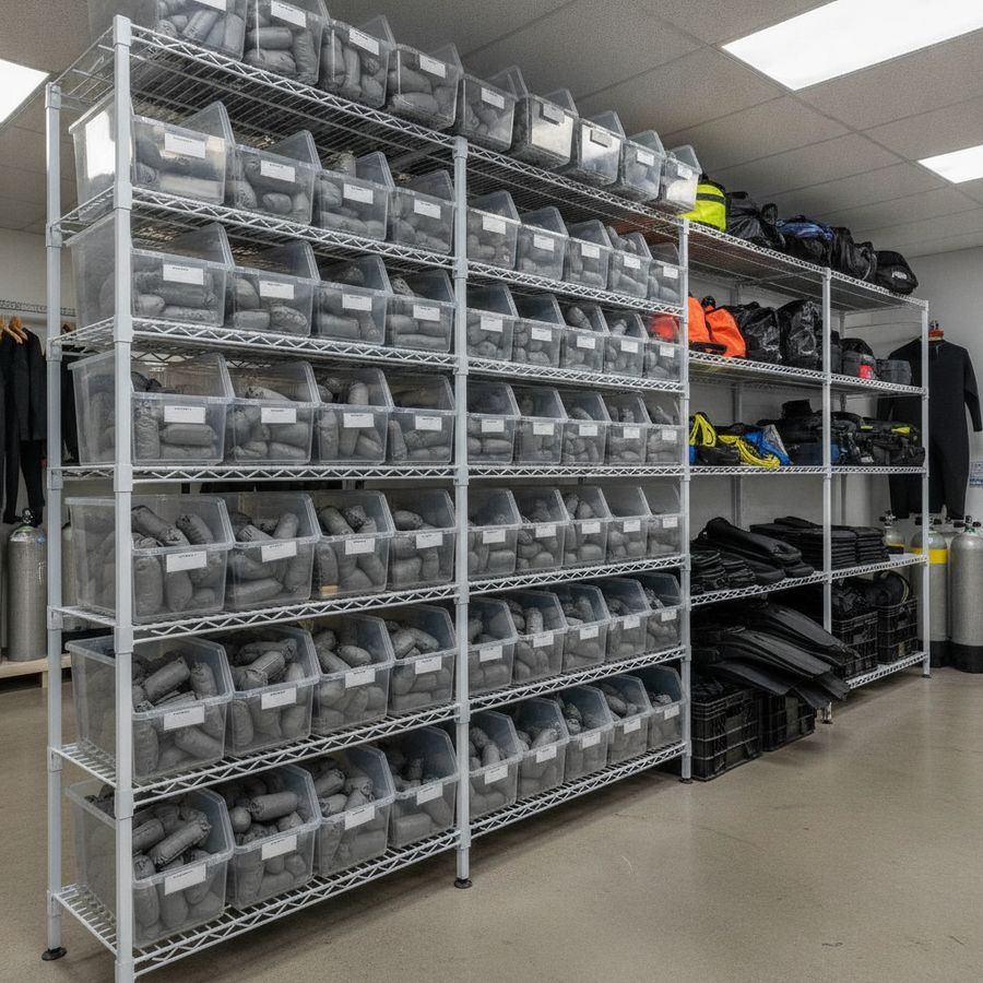Organized shelves with dry dive weight pouches stored in clean bins in a bright stock room.