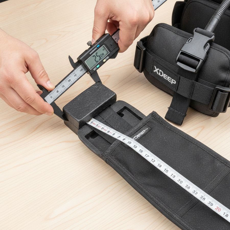 Handen meten een loodblok naast webbing en een gewichtspocket op een werktafel.