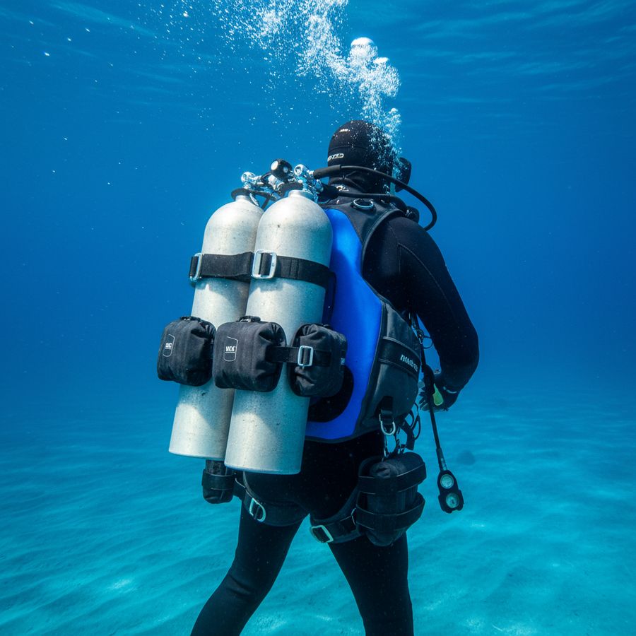 Plongeur en position horizontale avec harnais et wing bien équilibrés sous l’eau