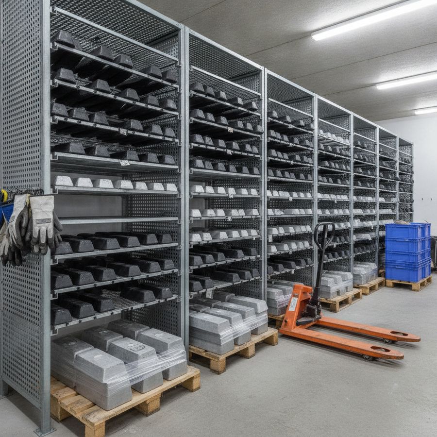 Lots de lest de plongée rangés sur racks secs dans une réserve claire et ordonnée.