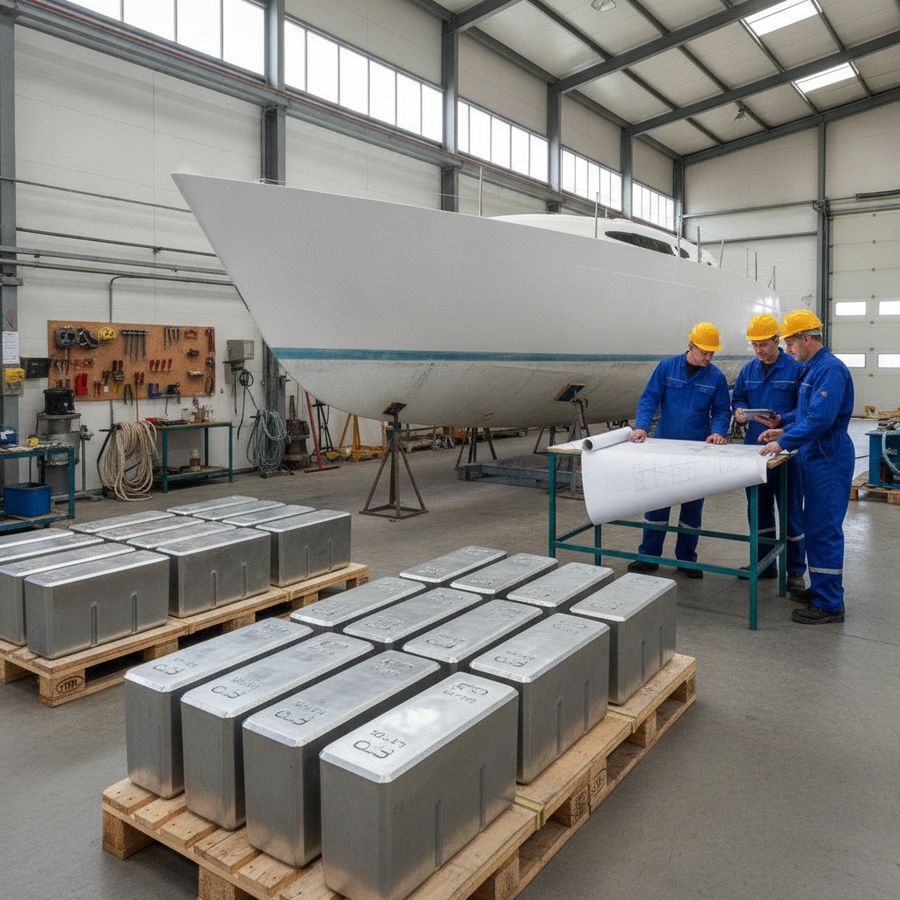 Bloques de plomo ordenados en un astillero junto a un yate en construcción y técnicos revisando el montaje.