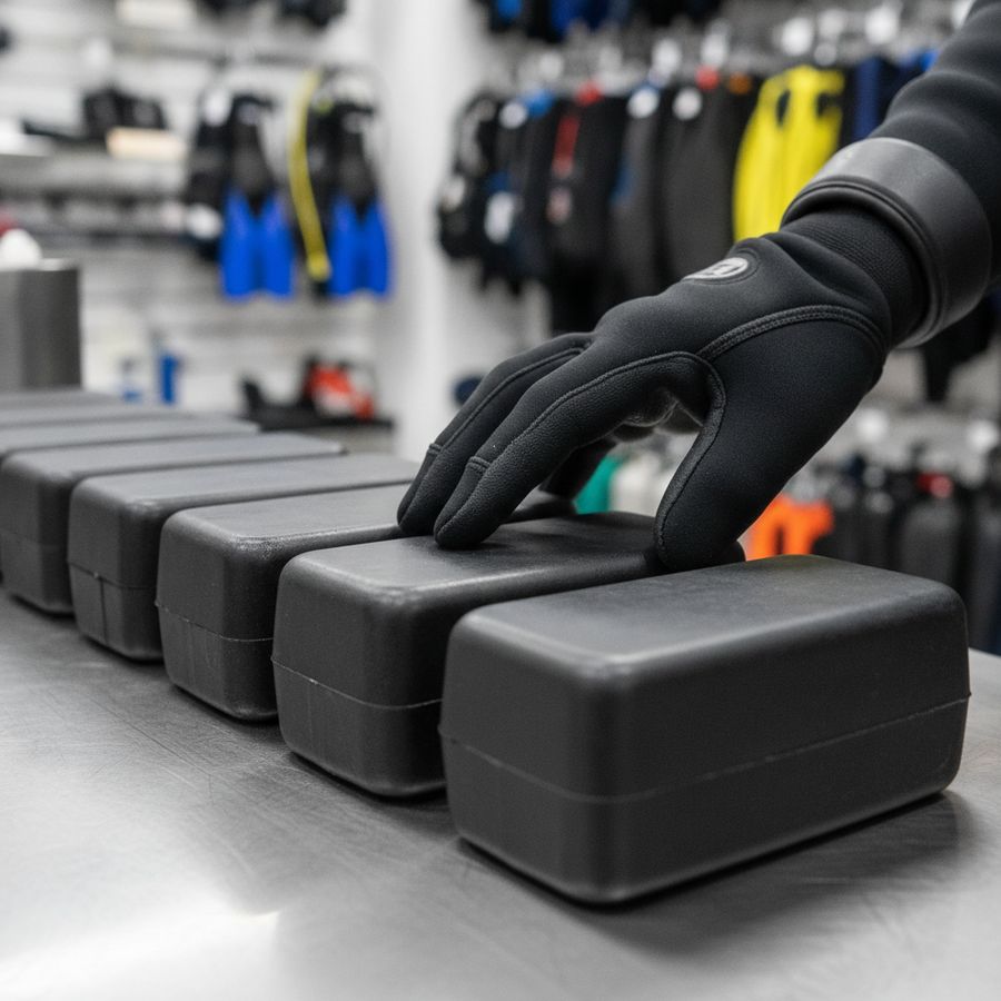 Beschichtete Tauchgewichte auf einer sauberen Arbeitsfläche, geprüft von einer behandschuhten Hand.