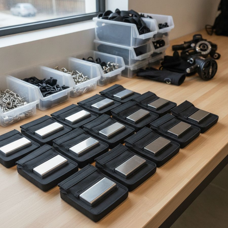 Nickel-coated dive weight pouches on a clean workbench with organized gear in bright light.