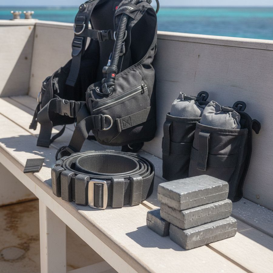 Ceinture de plomb, poches intégrées et blocs compacts posés sur un banc avec matériel de plongée.