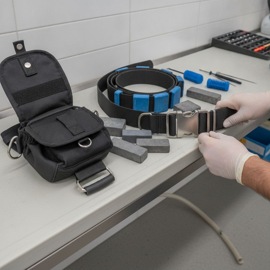 Technician inspects a weight pocket and belt components on a clean bench under bright light.