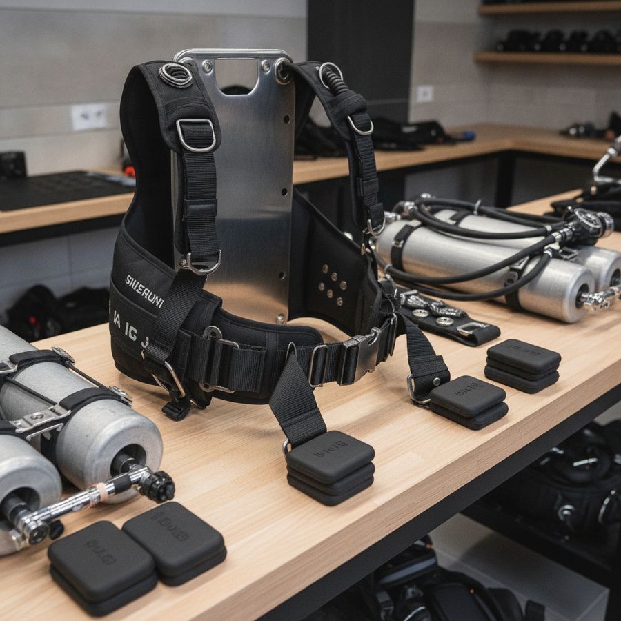 Backplate, Harness und Sidemount-Rig liegen mit kompakten Bleiblöcken auf einer hellen Werkbank.