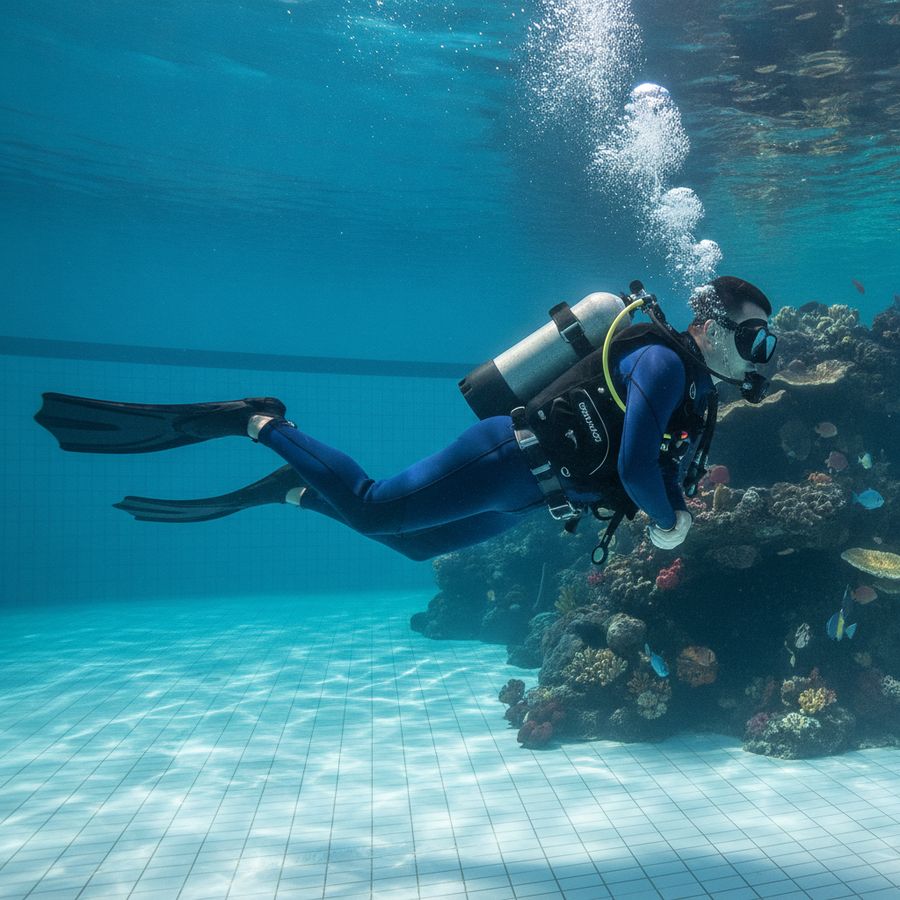 A diver performs a controlled frog kick underwater with level posture and smooth body alignment in bright clear water.