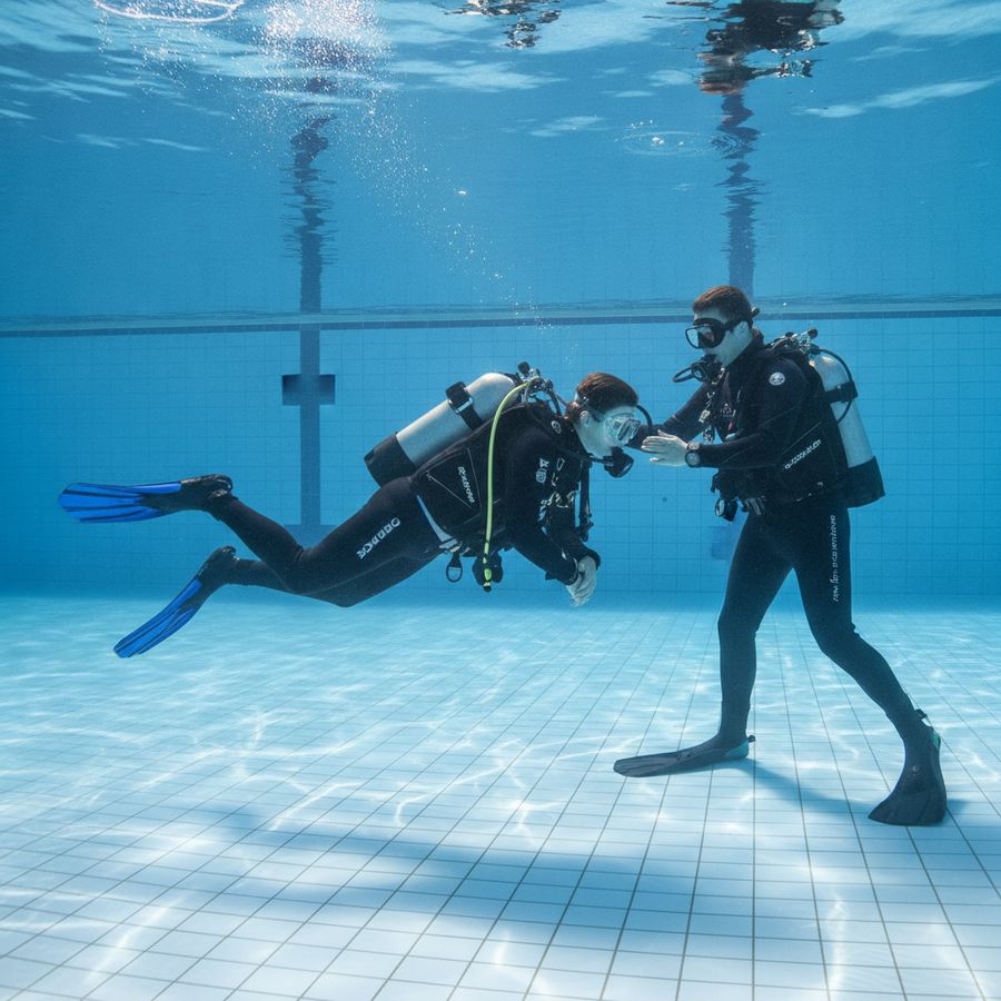Buceador en piscina ajusta pesos mientras un instructor observa en agua clara y bien iluminada.