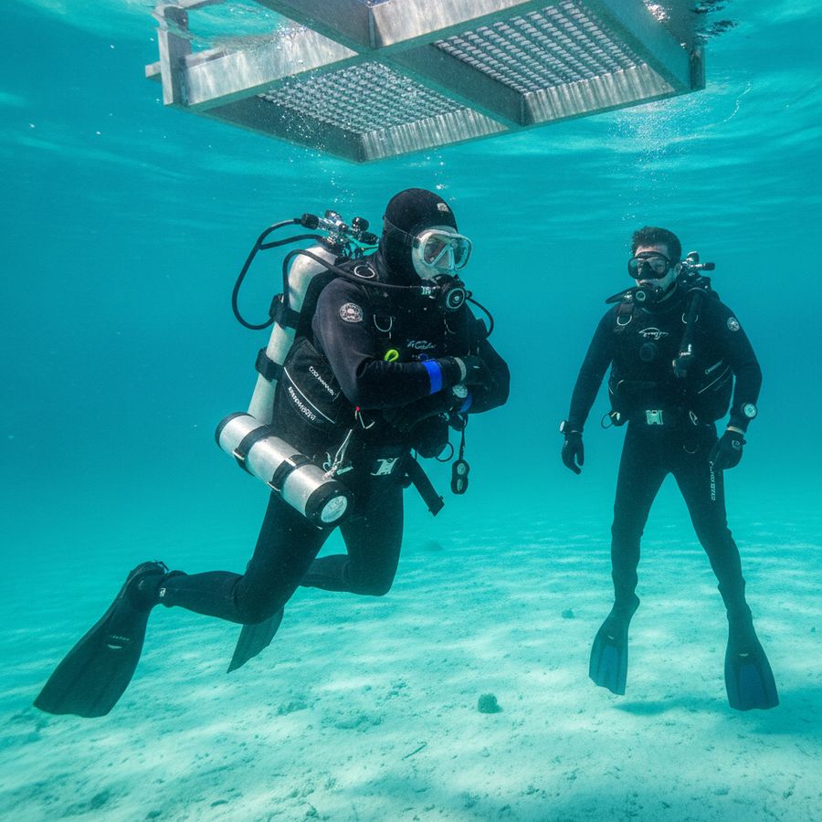Technical diver hovering in shallow water during a weighting check while a buddy watches nearby.