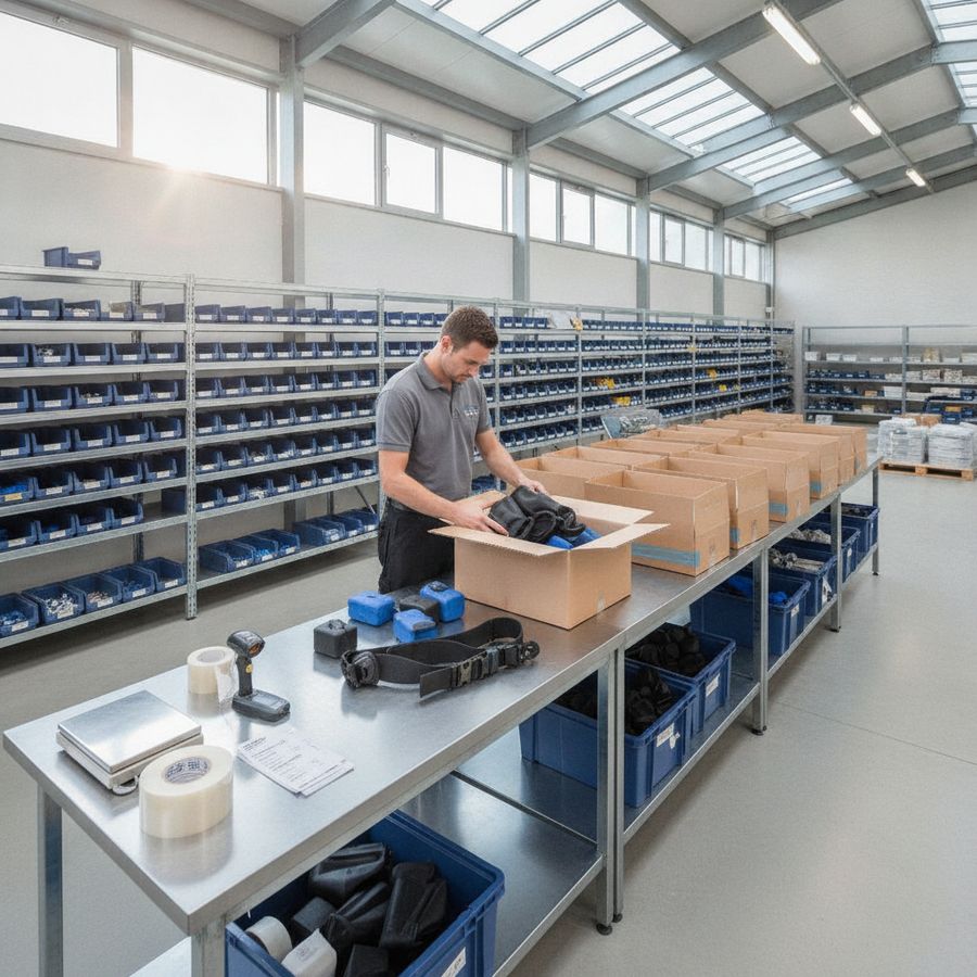 Staff member packs a small mixed order of dive weights at a bright warehouse shipping station.
